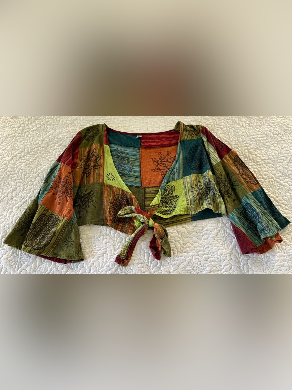 Karma Nepal craft Patchwork multicolored Tie-Front Boho top with bell sleeves